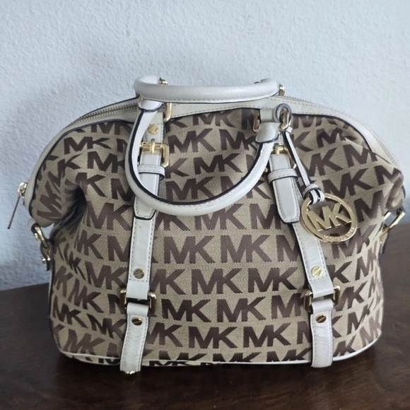 Michael Kors Handbag Bedford Women Medium Logo Satchel Jacquard Beige - Picture 9 of 14